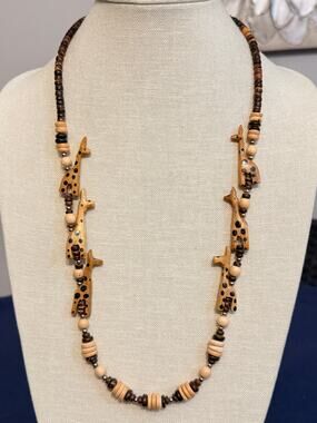 Vintage 28” Wood Giraffe Beaded Statement Necklace